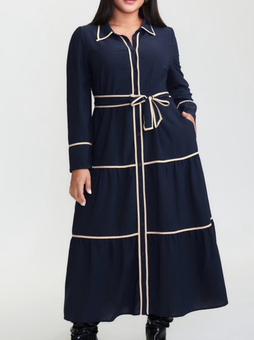 BloomChic Indigo Maxi Shirt Dress with Cream Contrast Piping - Picture 7 of 11